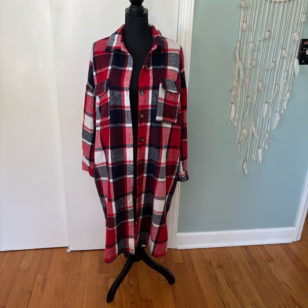 Red and Blue Plaid Fannel Long jacket XL